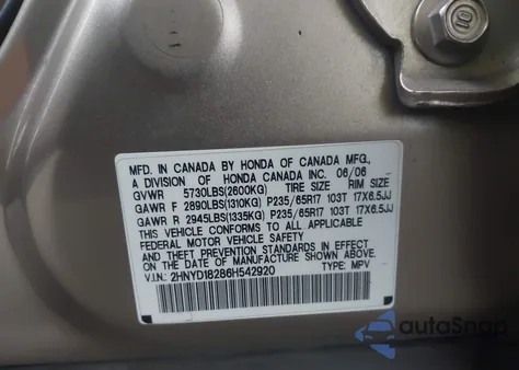 2006 Acura Mdx из США, поврежденный, VIN 2HNYD18286H542920